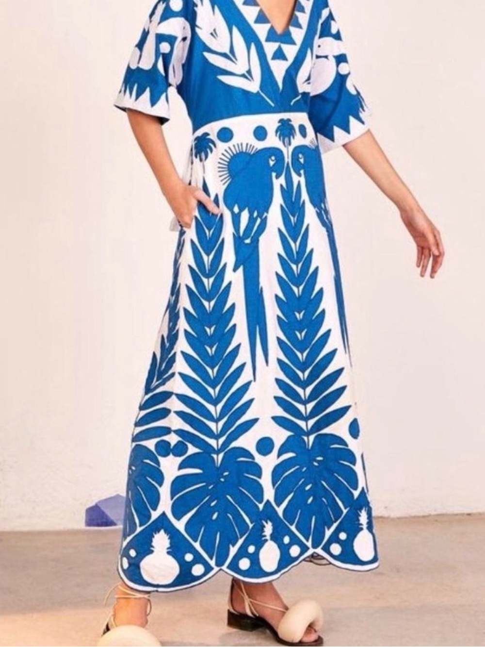 FARM Rio Blue and White Botanical Parrot Maxi Skirt